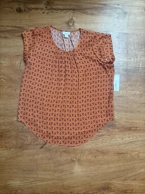 Liz Claiborne Orange Geometric Cap-Sleeve Blouse